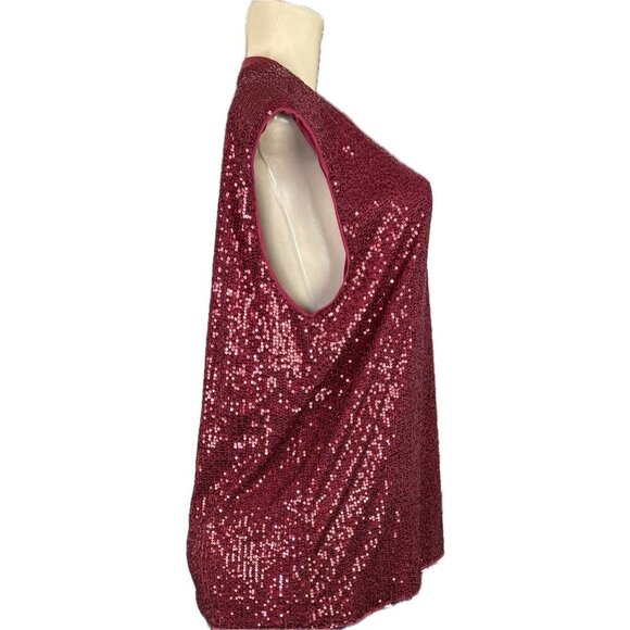 Timing L Red Wine Sequin Crew Knit Neck Padded Shoulders Sleeveless Tank Blouse - Picture 3 of 6